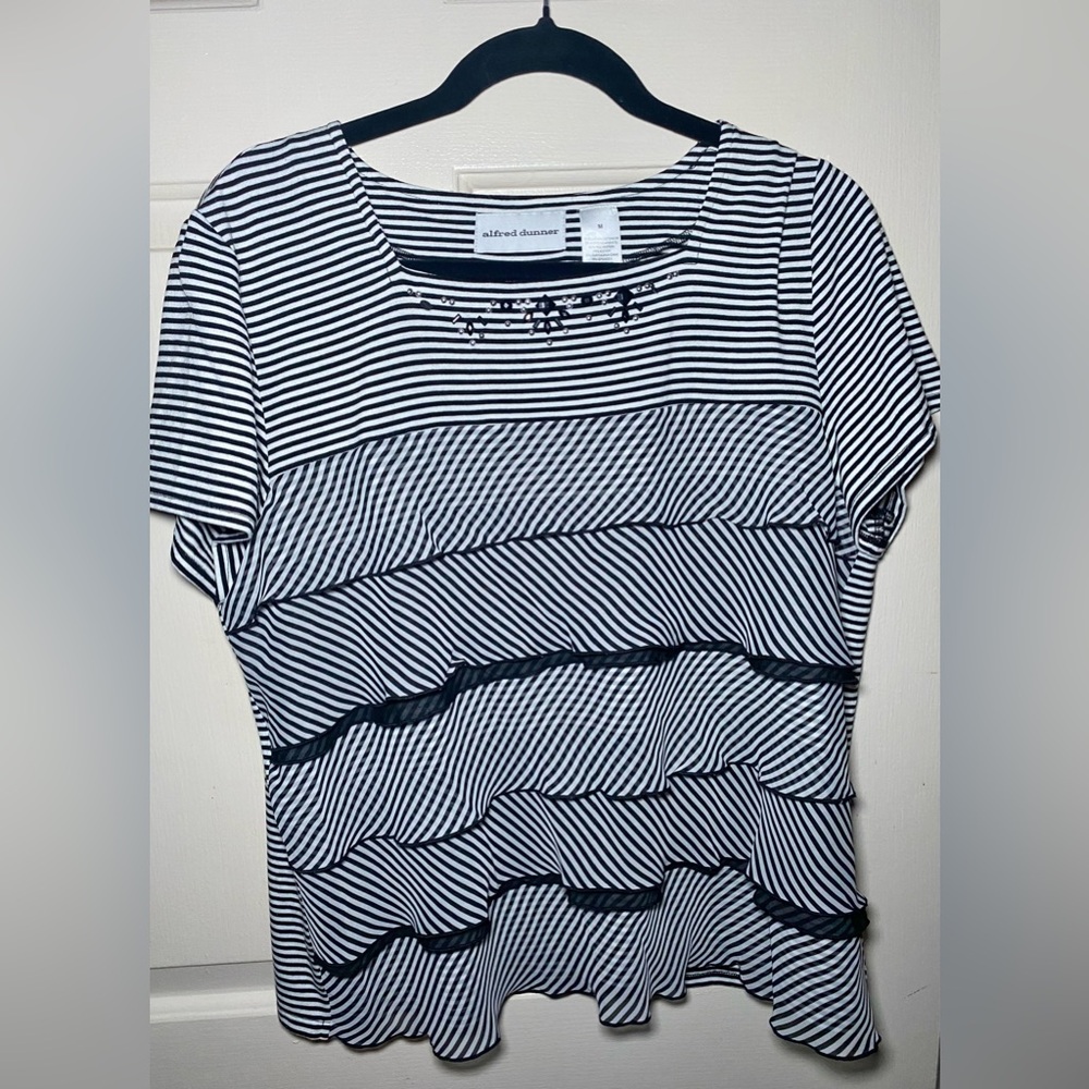 Alfred Dunner Shirt Womens Large Black White Short Sleeve Stretch Layered Ladies